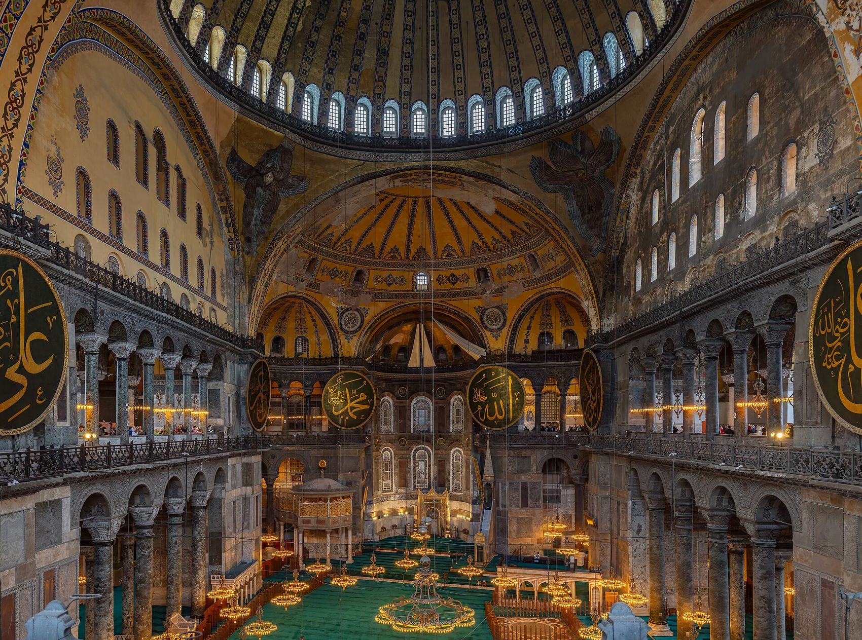 Inside Hagia Sophia, seen from the upper gallery under the main dome